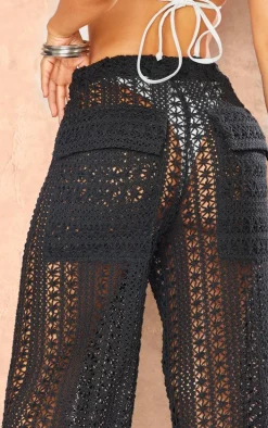 Petite Black Crochet Wide Leg Pants