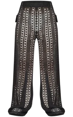 Petite Black Crochet Wide Leg Pants