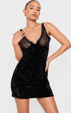 Petite Black Crushed Velvet Lace Detail Mini Dress