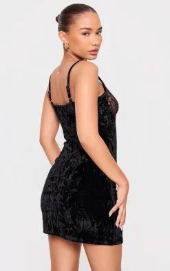 Petite Black Crushed Velvet Lace Detail Mini Dress