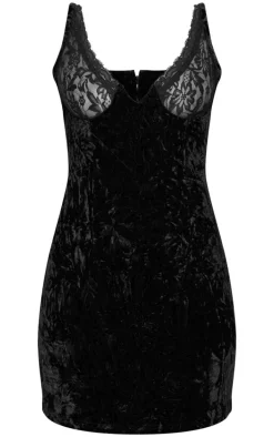 Petite Black Crushed Velvet Lace Detail Mini Dress