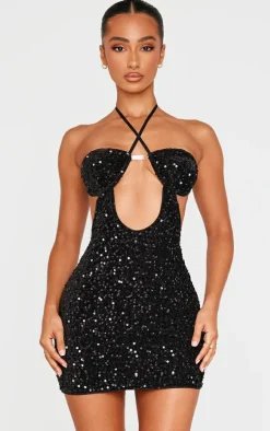 Petite Black Cup Detail Open Back Sequin Mini Dress