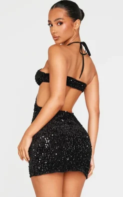 Petite Black Cup Detail Open Back Sequin Mini Dress