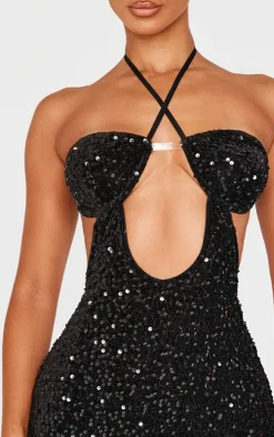 Petite Black Cup Detail Open Back Sequin Mini Dress