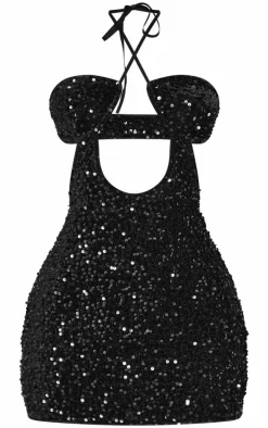 Petite Black Cup Detail Open Back Sequin Mini Dress