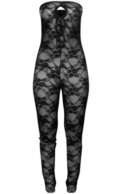 Petite Black Cut Out Bandeau Lace Jumpsuit