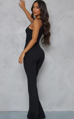 Petite Black Cut Out Rib Wide Leg Jumpsuit