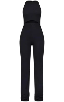 Petite Black Cut Out Rib Wide Leg Jumpsuit