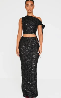 Petite Black Cut Out Side Sequin Maxi Skirt