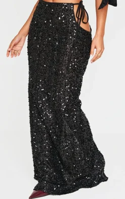 Petite Black Cut Out Side Sequin Maxi Skirt