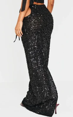 Petite Black Cut Out Side Sequin Maxi Skirt