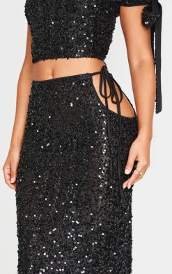 Petite Black Cut Out Side Sequin Maxi Skirt
