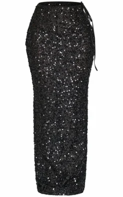 Petite Black Cut Out Side Sequin Maxi Skirt