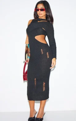 Petite Black Cut-out One Sleeve Knitted Midaxi Dress