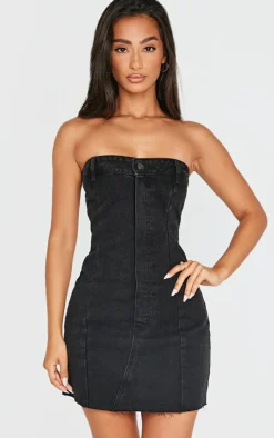 Petite Black Denim Bandeau Mini Dress