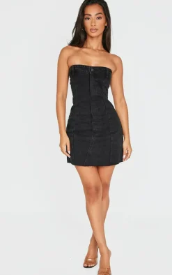 Petite Black Denim Bandeau Mini Dress