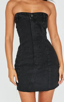 Petite Black Denim Bandeau Mini Dress