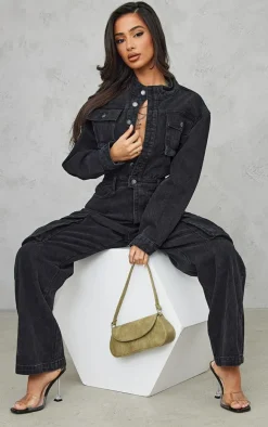 Petite Black Denim Cargo Wide Leg Jumpsuit