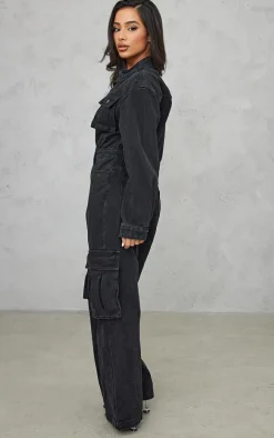 Petite Black Denim Cargo Wide Leg Jumpsuit