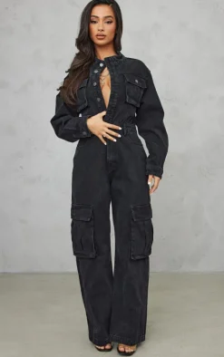 Petite Black Denim Cargo Wide Leg Jumpsuit