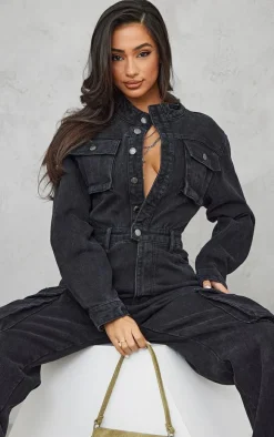 Petite Black Denim Cargo Wide Leg Jumpsuit