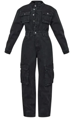 Petite Black Denim Cargo Wide Leg Jumpsuit