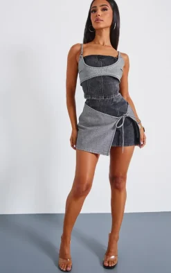 Petite Black Denim Double Layered Tie Side Mini Skirt
