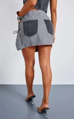 Petite Black Denim Double Layered Tie Side Mini Skirt