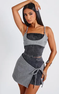 Petite Black Denim Double Layered Tie Side Mini Skirt