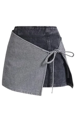 Petite Black Denim Double Layered Tie Side Mini Skirt