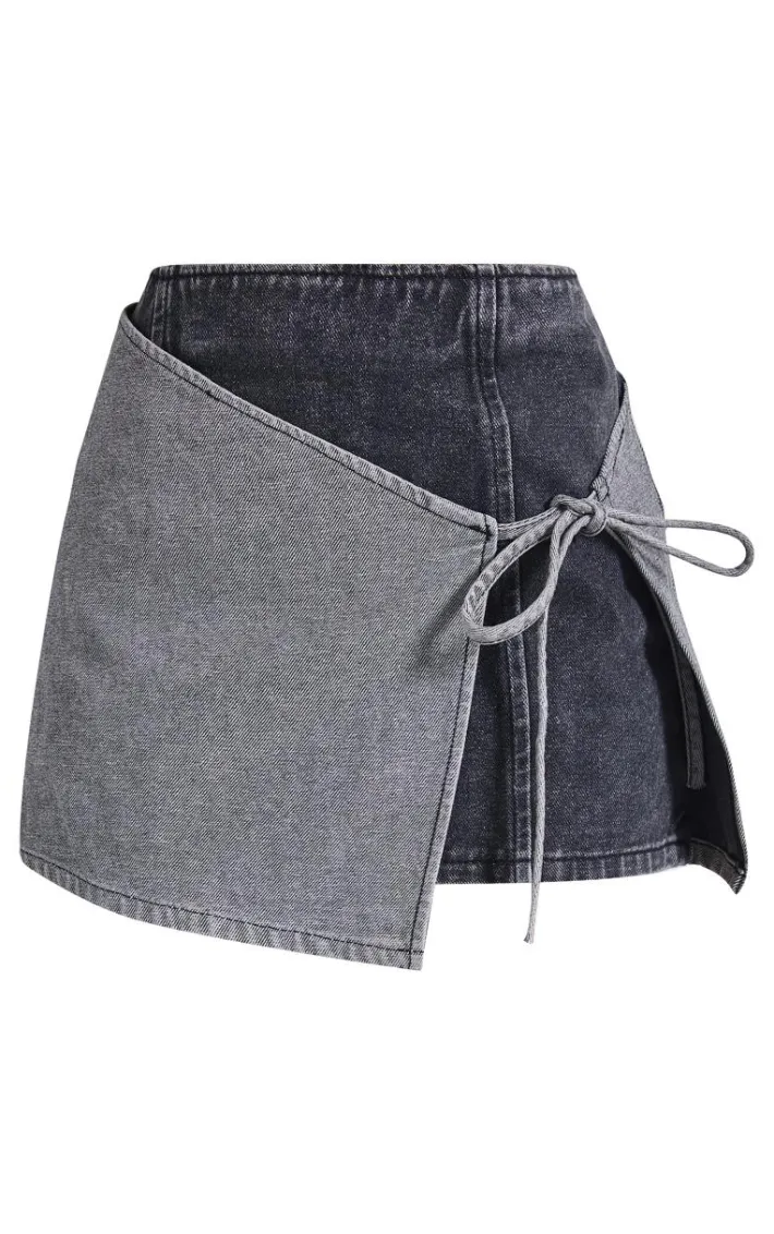 Petite Black Denim Double Layered Tie Side Mini Skirt