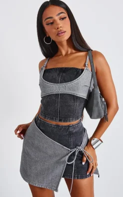 Petite Black Denim Double Layered Corset Top