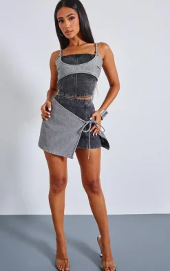 Petite Black Denim Double Layered Corset Top