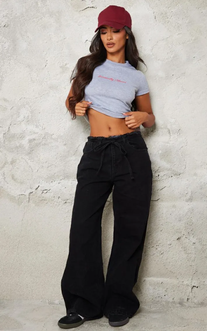 Petite Black Denim Frayed Tie Waist Wide Leg Jeans