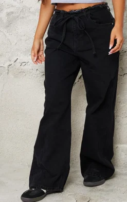 Petite Black Denim Frayed Tie Waist Wide Leg Jeans