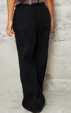 Petite Black Denim Frayed Tie Waist Wide Leg Jeans