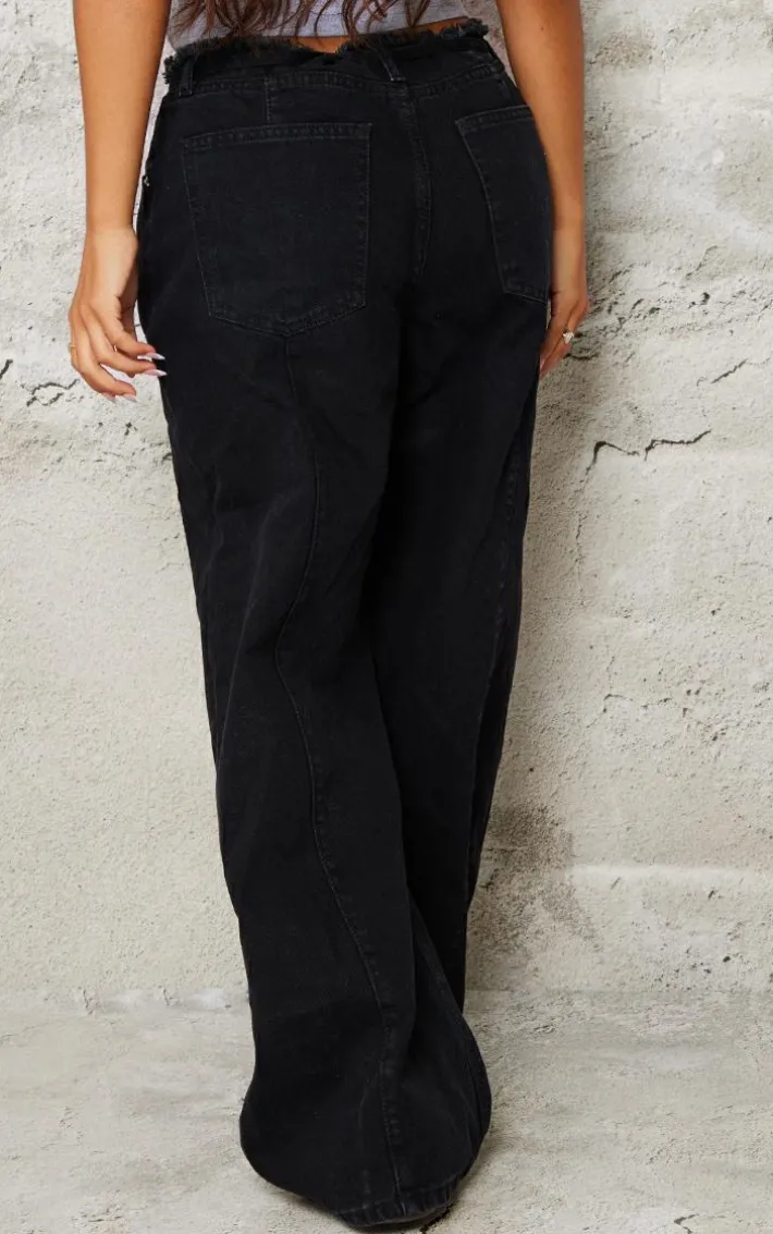 Petite Black Denim Frayed Tie Waist Wide Leg Jeans