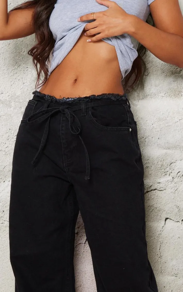 Petite Black Denim Frayed Tie Waist Wide Leg Jeans