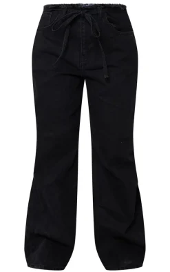 Petite Black Denim Frayed Tie Waist Wide Leg Jeans