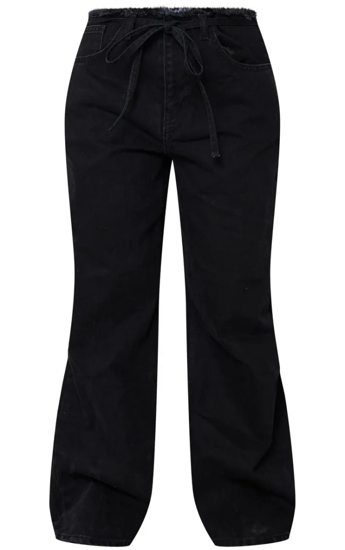 Petite Black Denim Frayed Tie Waist Wide Leg Jeans