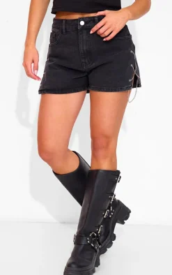 Petite Black Denim Shorts With Chain Details