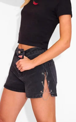 Petite Black Denim Shorts With Chain Details