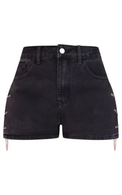 Petite Black Denim Shorts With Chain Details