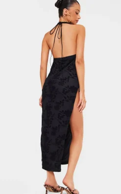 Petite Black Devore Open Back Cowl Maxi Dress