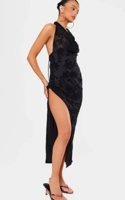 Petite Black Devore Open Back Cowl Maxi Dress