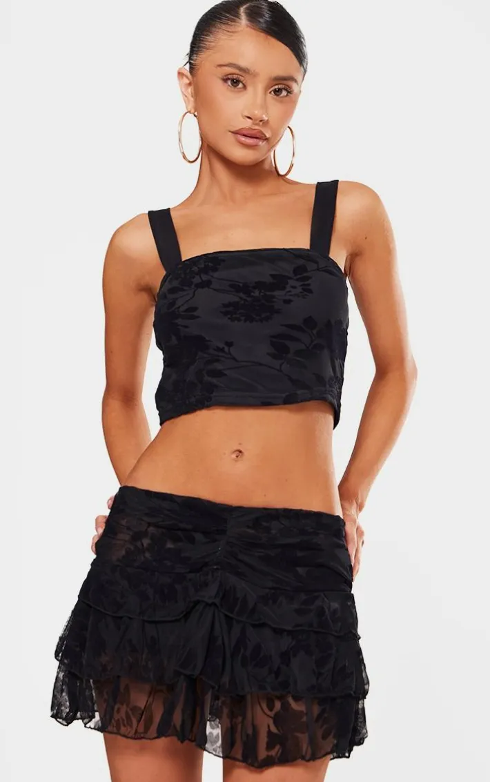 Petite Black Devore Square Neck Crop Top