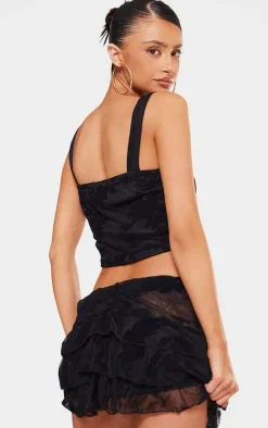 Petite Black Devore Square Neck Crop Top