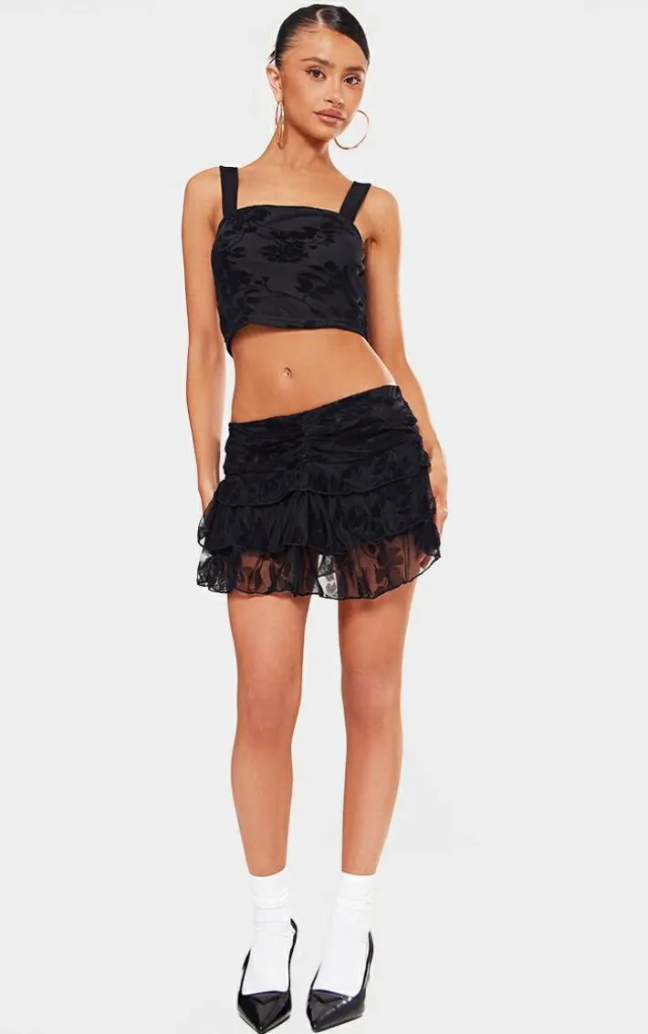 Petite Black Devore Square Neck Crop Top