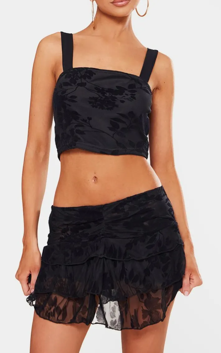 Petite Black Devore Square Neck Crop Top