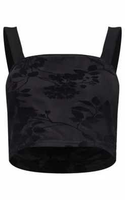 Petite Black Devore Square Neck Crop Top